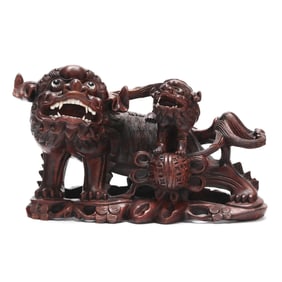 A Chinese Carved Wood Foo Lion and Cub