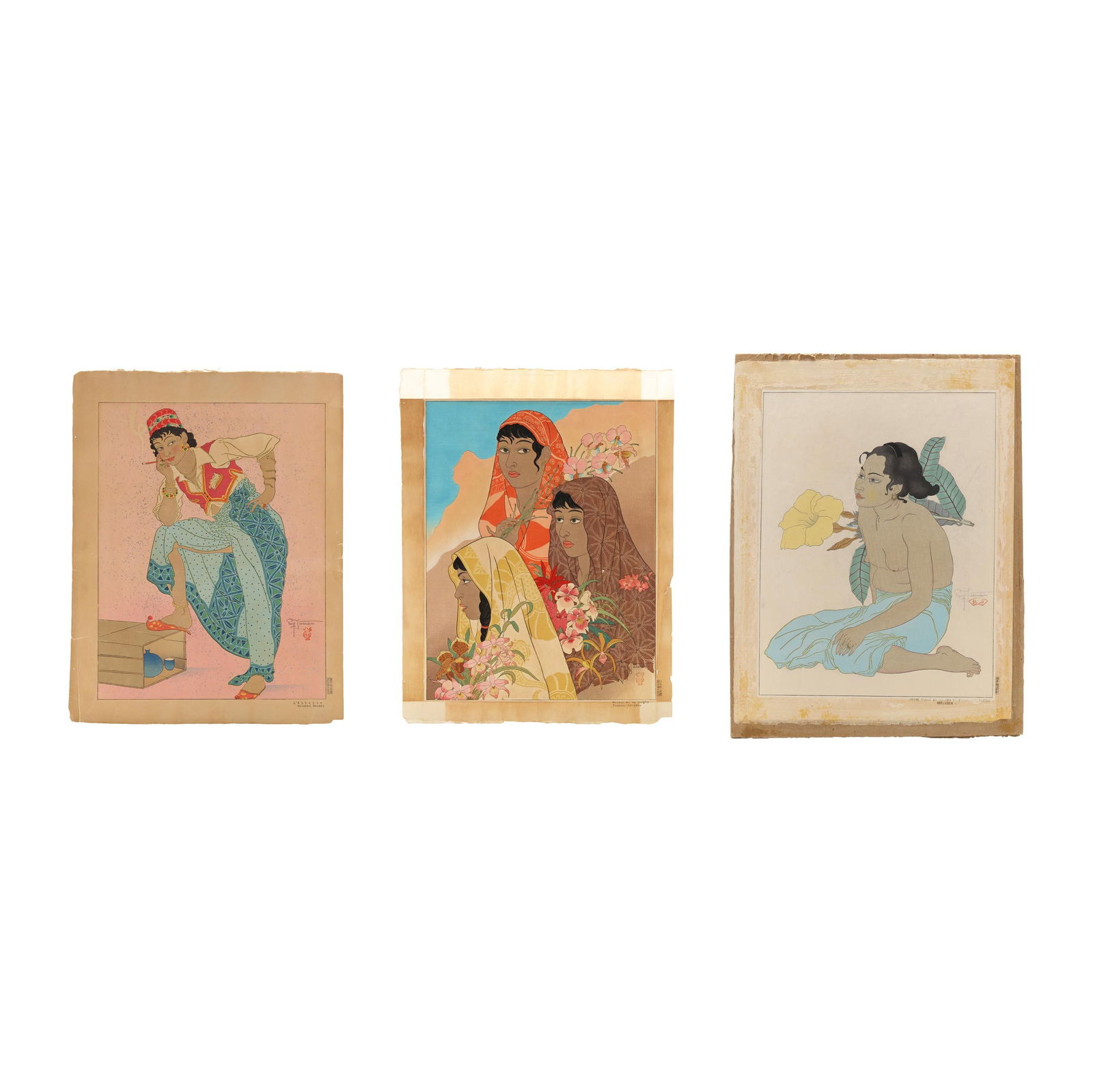 Paul Jacoulet (French, 1902-1960), Three Woodblock Prints: Paul Jacoulet (French, 1902-1960), Three Woodblock Printsincludes three woodblock prints, the first entitled L'Attente. Celebes Menado (Waiting. Celebes Menado), 1947, presented loose, the second enti