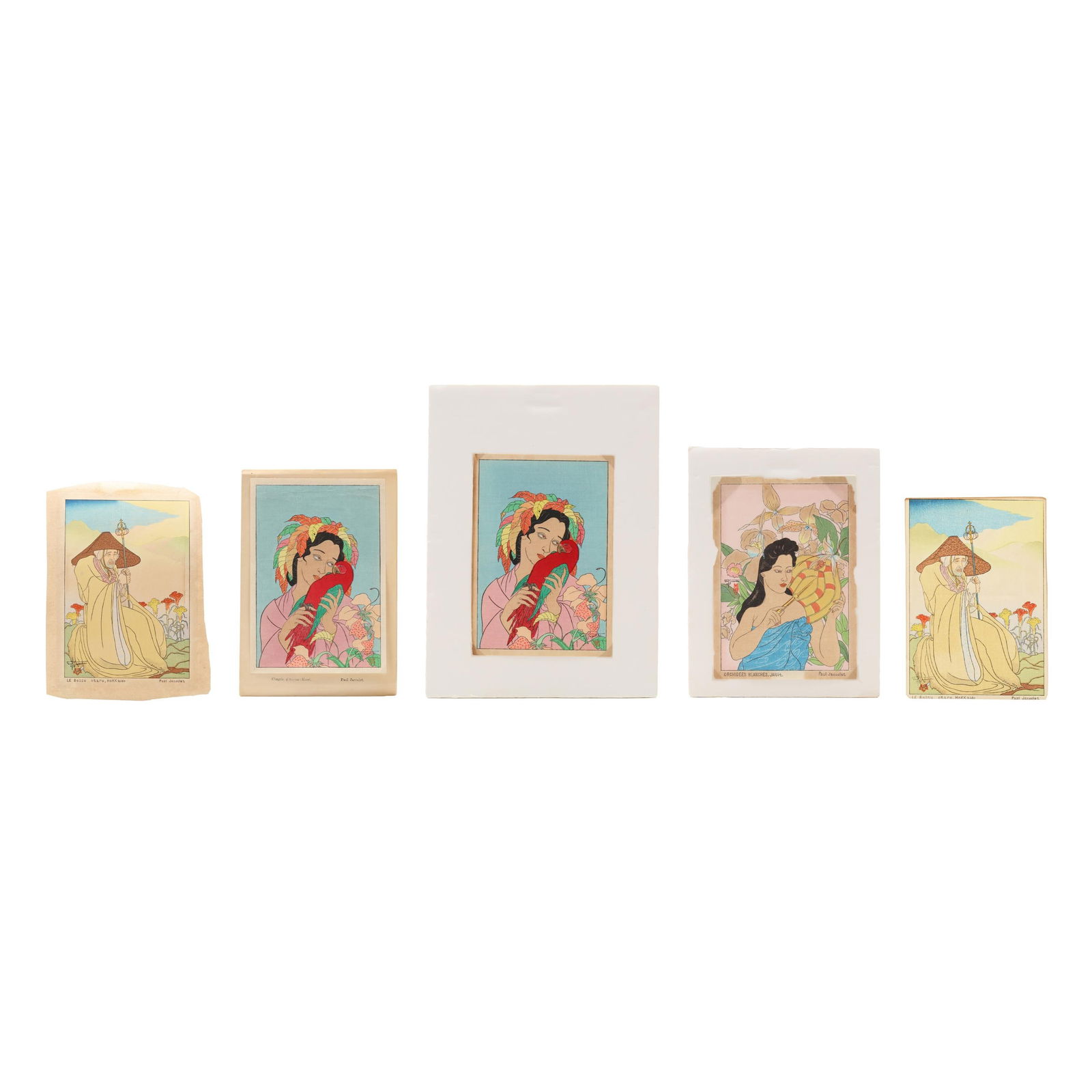 Paul Jacoulet (French, 1902-1960), Five Woodblock Prints: Paul Jacoulet (French, 1902-1960), Five Woodblock Printsincludes five woodblock prints originally created as Christmas cards, two remain in card format, two only the print and are presented loose over