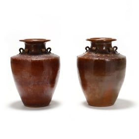 Pair of Vintage Asian Glazed Pottery Floor Vases