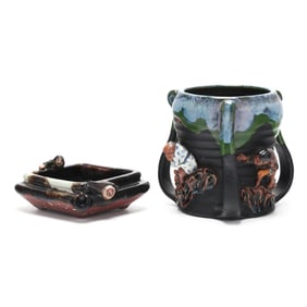 Sumida Gawa, Square Dish and Three Handle Vase with Monkeys