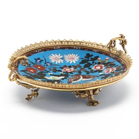 A Japanese Cloisonné Dish with Quail in Ormolu Mount