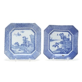 A Pair of Japanese Octagonal Blue and White Porcelain Plates