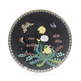 A Japanese Cloisonné Plate with Butterflies and Dandelions
