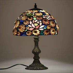 Cast Metal Table Lamp with Stained Glass and Shell Lamp Shade
