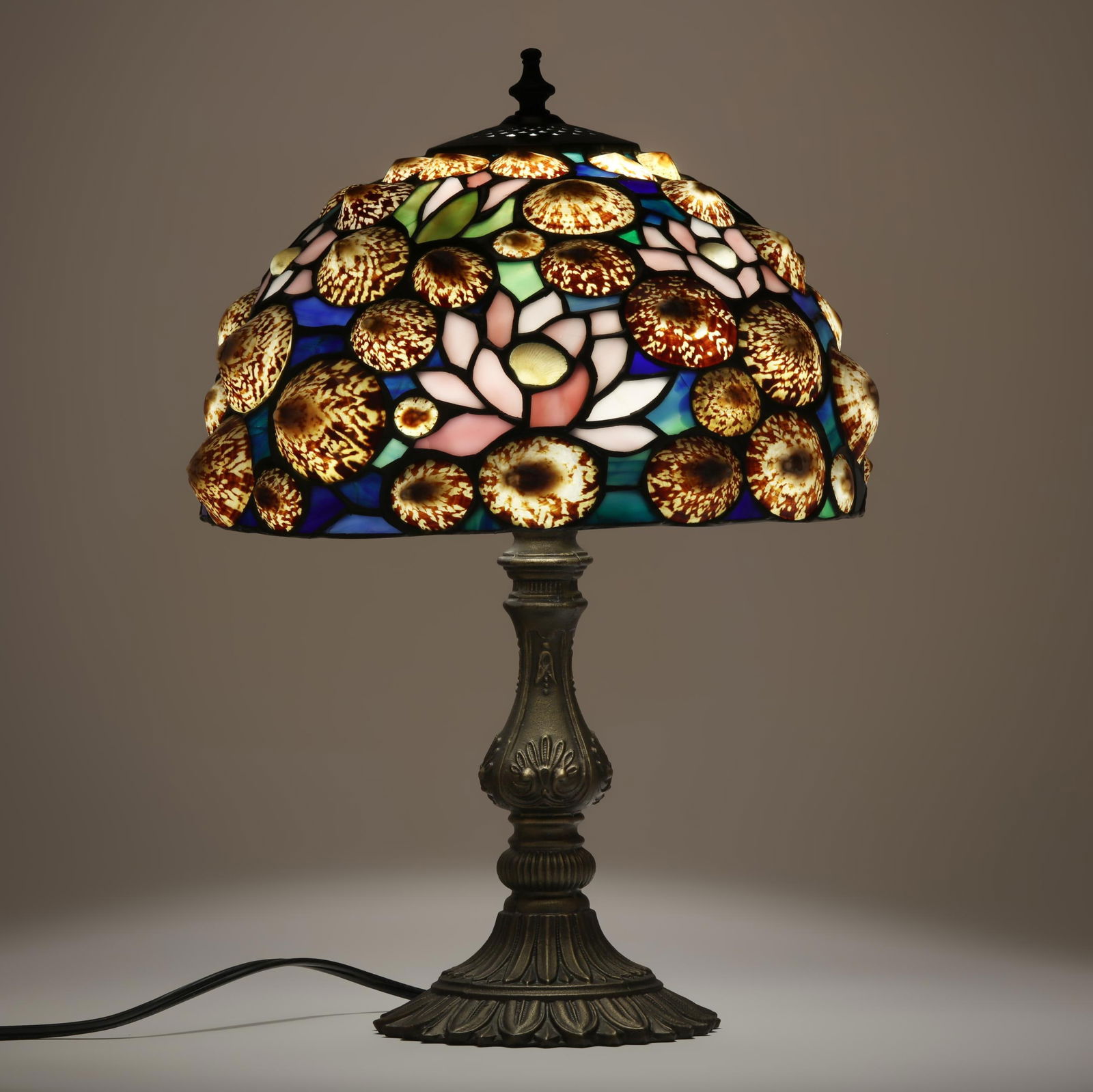 Cast Metal Table Lamp with Stained Glass and Shell Lamp Shade (1 of 9)