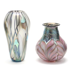 Two Lotton Iridescent Foliate Art Glass Vases