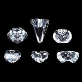Six Steuben Crystal Heart Themed Paperweights