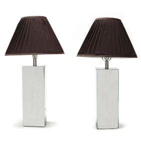 Pair of Modernist Mirrored Columnar Table Lamps with Shades