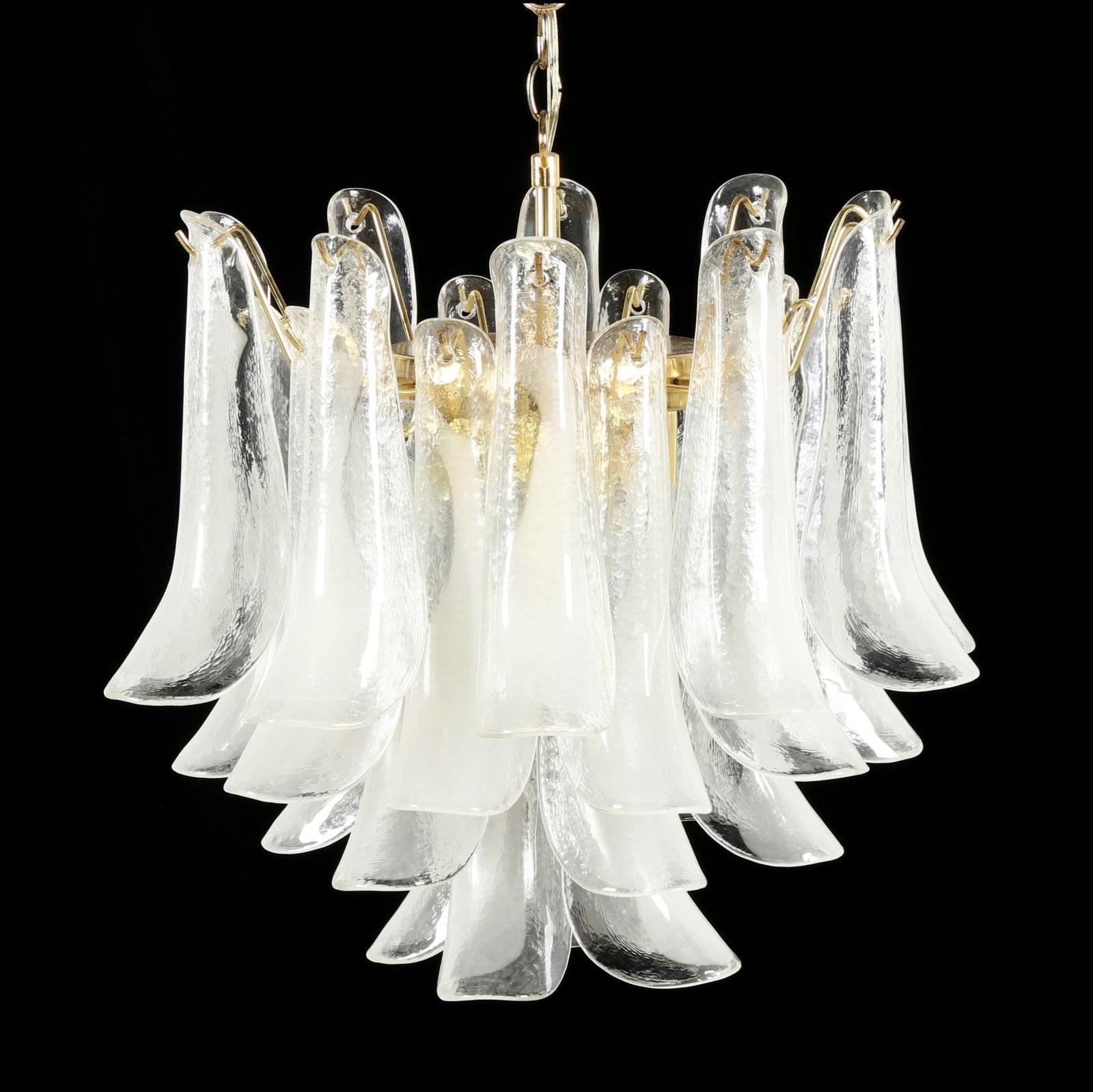 Vintage Mazzega, Murano Chandelier: Vintage Mazzega, Murano Chandeliercirca 1970, brass fixtured with suspended clear and white glass curved glass panels, five light form, with ceiling cap and chair, unmarked. Fixture 20 x 18 in. diamet