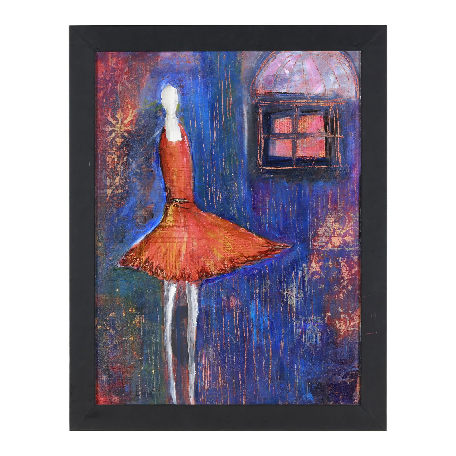 Sandra Elliott (NC), Woman in Red: Sandra Elliott (NC), Woman in Redmixed media collage on canvas, signed at lower left, framed. Frame dimensions 27 x 21 in. Additional high-resolution photos are available at www.lelandlittle.com