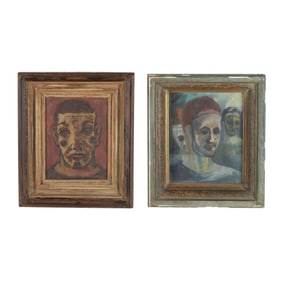 Two Vintage Framed Paintings of Masked Figures, One Signed "Stanley"