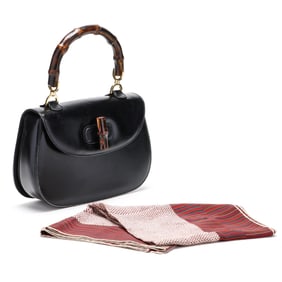 A Black Leather Bamboo Handbag and A Silk Scarf, Gucci