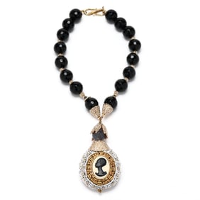 Gold-Tone Cameo, Pearl, and Black Onyx Pendant / Necklace, Style of Coreen Simpson