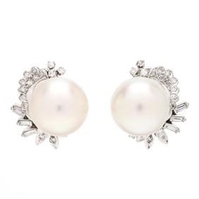 White Gold, South Sea Pearl, and Diamond Earrings