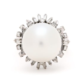Silver, South Sea Pearl, and Diamond Ring