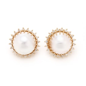 Gold, Mabé Pearl, and Diamond Earrings