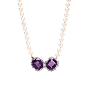 Single Strand Pearl Necklace with White Gold, Amethyst, and Diamond Bowtie Motif Clasp
