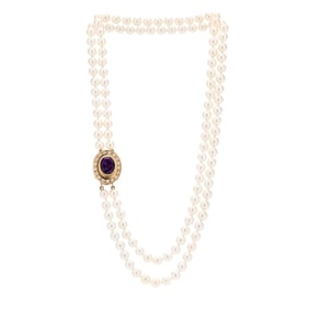 Double Strand Pearl Necklace with Gold, Amethyst, and Diamond Clasp