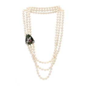 Triple Strand Pearl Necklace with White Gold, Hardstone, and Diamond Clasp