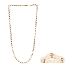 Gold and Pearl Necklace and Bracelet