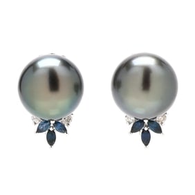 White Gold, Tahitian Pearl, and Gem-Set Earrings