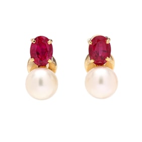 Gold, Pearl, and Synthetic Ruby Earrings