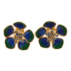 Vintage Gold, Enamel, and Sapphire Opening Flower Earrings En Tremblant