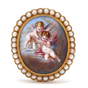 Antique Gold, Pearl, and Painted Enamel Brooch