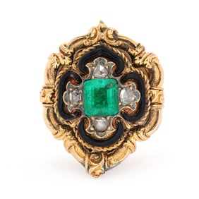 Antique Gold-Filled, Gold, Emerald, Diamond, and Enamel Poison Ring
