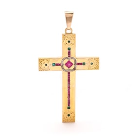 Antique Gold and Gem-Set Cross Pendant