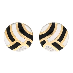 Pair of Gold, Onyx, Mother-of-Pearl, and Diamond Earrings, Asch Grossbardt