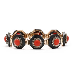 Vintage Gold, Coral, Onyx, and Diamond Bracelet, Italy