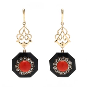 Gold, Coral, Onyx, and Diamond Drop Earrings