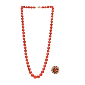 Gold and Coral Bead Necklace and Pendant / Brooch
