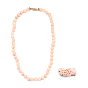 Two Vintage Carved Pink Coral Jewelry Items