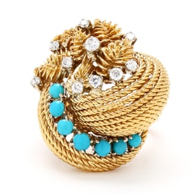 Retro Gold, Turquoise, and Diamond Knot Motif Ring
