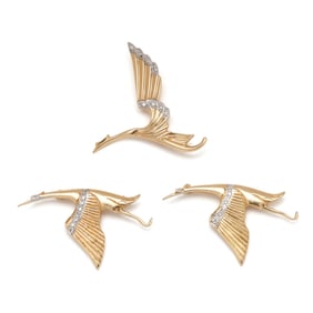 Set of Three Gold and Diamond Avian Motif Brooches