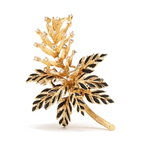 Gold, Enamel, and Diamond Leaf Brooch, Italy