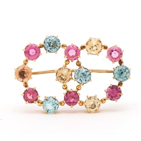 Gold and Multi-Color Topaz Double Wreath Brooch