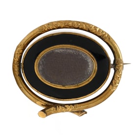 Victorian Brass and Enamel Mourning Brooch
