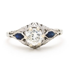 Antique White Gold Diamond and Sapphire Ring