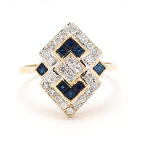 Bi-Color Gold, Diamond, and Sapphire Geometric Ring