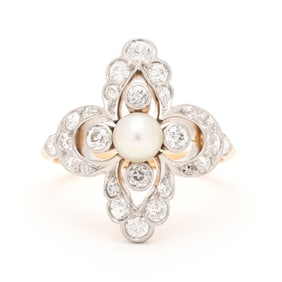 Antique Platinum, Gold, Diamond, and Pearl Ring