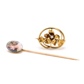 Art Nouveau Gold Floral Brooch and Vintage Enameled Stick Pin