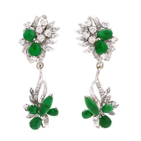 White Metal, Jadeite Jade, and Diamond Drop Earrings