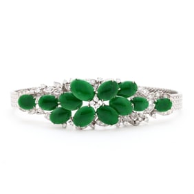 Silver, Jadeite Jade, and Diamond Bracelet