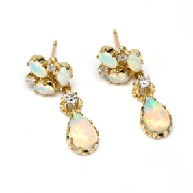 Gold, Opal, and Diamond Drop Earrings