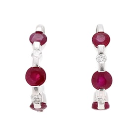 White Gold, Ruby, and Diamond Hoop Earrings