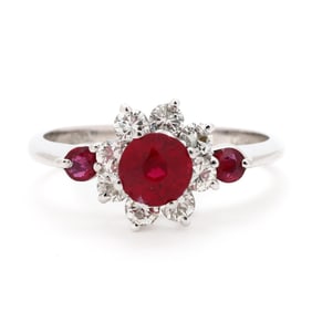 White Gold, Synthetic Ruby, and Diamond Ring